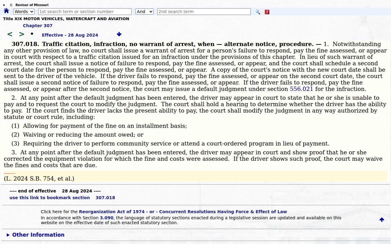 Missouri Chapter 307 traffic infraction warrant safeguard