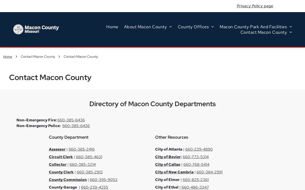 Macon County official office and city contact directory