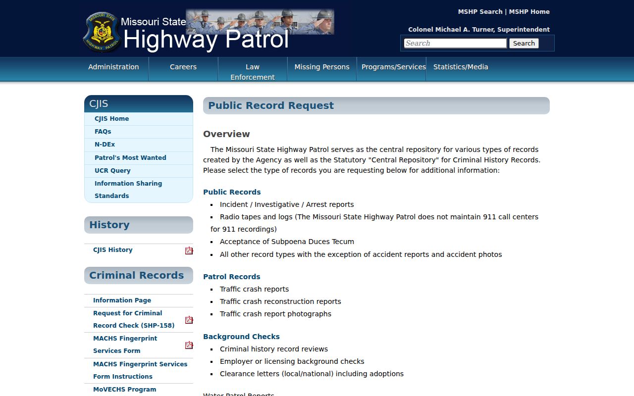 Missouri State Highway Patrol public records request interface