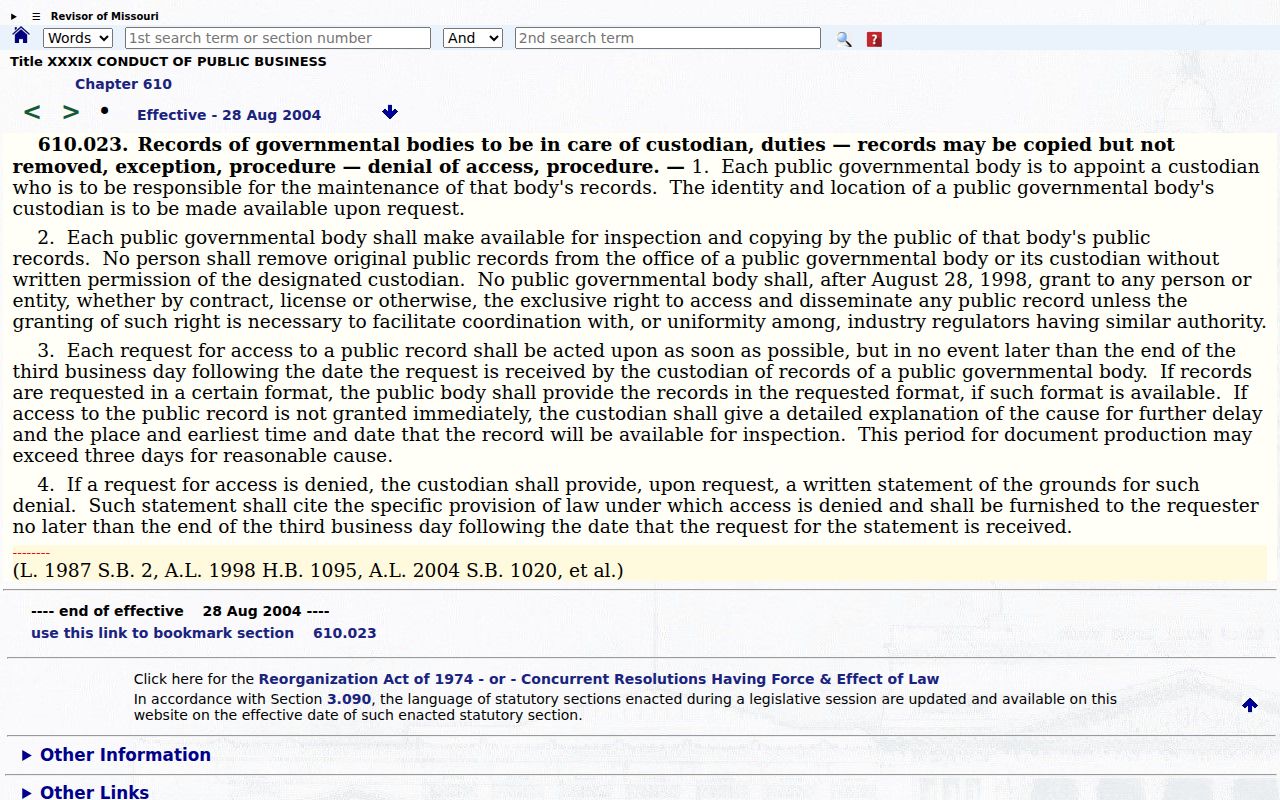 Missouri public record request response and denial rules