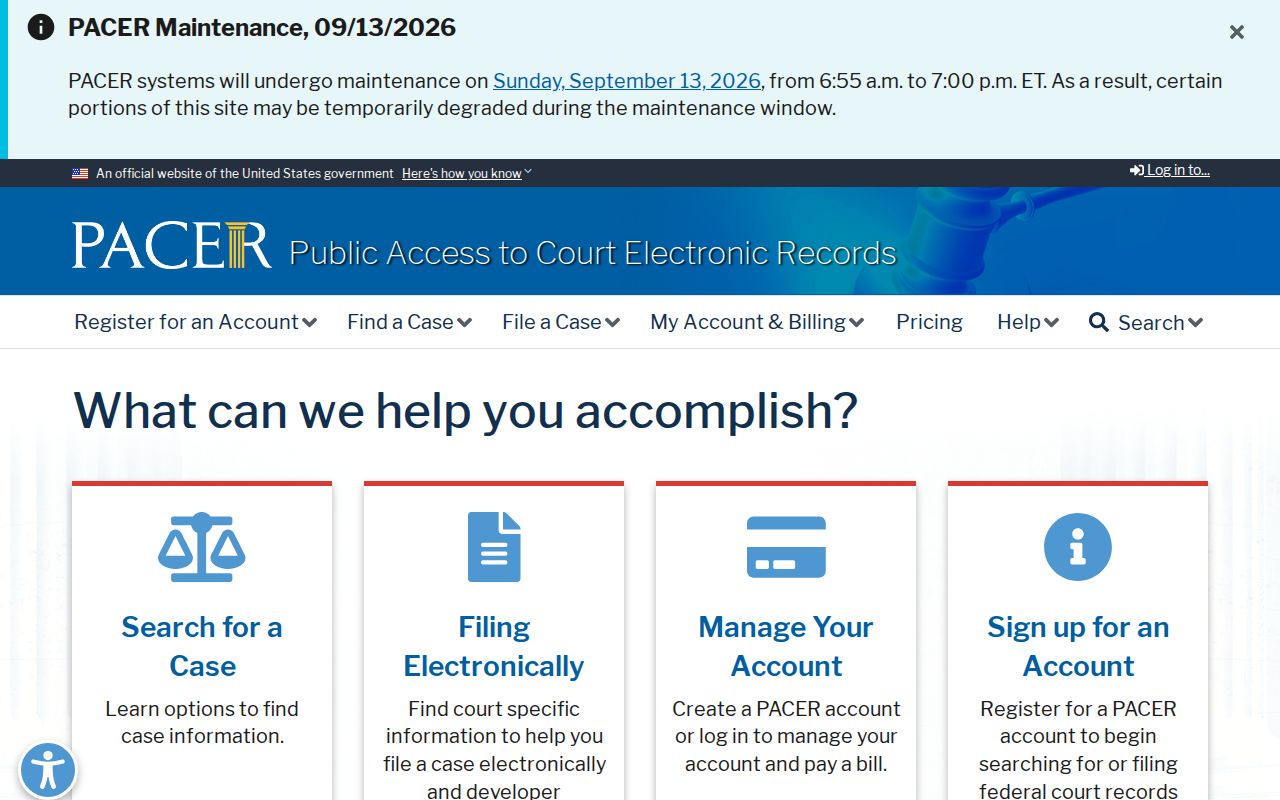 PACER federal court search landing page