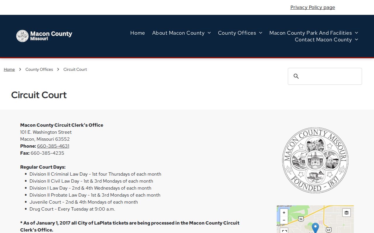 Macon County court day schedule and ticket routing notices